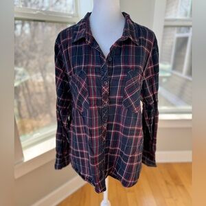 Confess Navy Blue Red Plaid Cotton Flannel Button Down Shirt Size XL Juniors